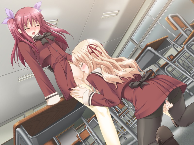 blonde_hair blush bottomless bow censored classroom closed_eyes clothing cunnilingus desk female game_cg kneeling matsubara_yuuna multiple_females multiple_girls oda_nanami oral panties panties_under_pantyhose pantyhose peko pink_hair pussy pussy_juice red_hair ribbon ribbons rule34 school_uniform schoolgirl seifuku serafuku short_twintails sono_hanabira_ni_kuchizuke_wo standing_yuri stockings thighhighs tied_hair twintails underwear wet white_legwear white_thighhighs yuri
