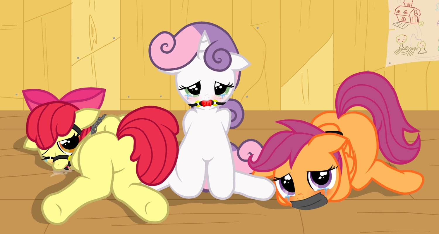 absurd_res accessory apple_bloom_(mlp) ball_gag bdsm bodily_fluids bondage bound bow_(feature) bow_accessory bow_ribbon cutie_mark_crusaders_(mlp) drooling e621 earth_pony equid equine feathered_wings feathers featureless_crotch female feral friendship_is_magic gag gagged group hair hair_accessory hair_bow hair_ribbon halter harness harness_ball_gag harness_gag hasbro hi_res horn horse mammal muzzle_(object) my_little_pony mythological_creature mythological_equine mythology orange_body orange_feathers pegasus pony pyruvate quadruped ribbons ring_gag saliva scootaloo_(mlp) sweetie_belle_(mlp) tail tape tape_gag tears unicorn wings young young_feral