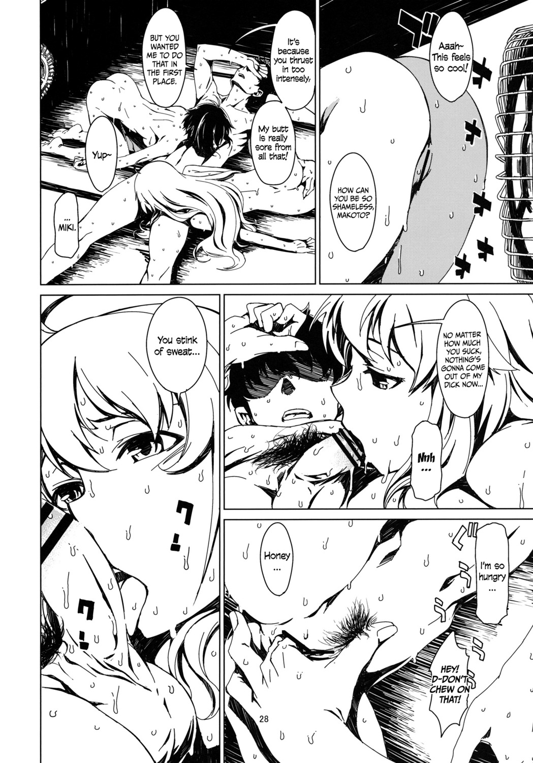 1boy 2girls after_sex backlighting bar_censor black_hair blonde_hair censored cock_worship comic electric_fan english_text fan fellatio female ffm_threesome food hoshii_miki idolmaster kikuchi_makoto leg_grab long_hair male mouth_hold multiple_females multiple_girls navel nipples nude open_mouth oppai page_28 penis popsicle producer_(idolmaster) right_to_left rule34 shadow short_hair shouji spread_legs straight summer sweat sweatdrop takemura_sesshuu threesome translated tree tupet