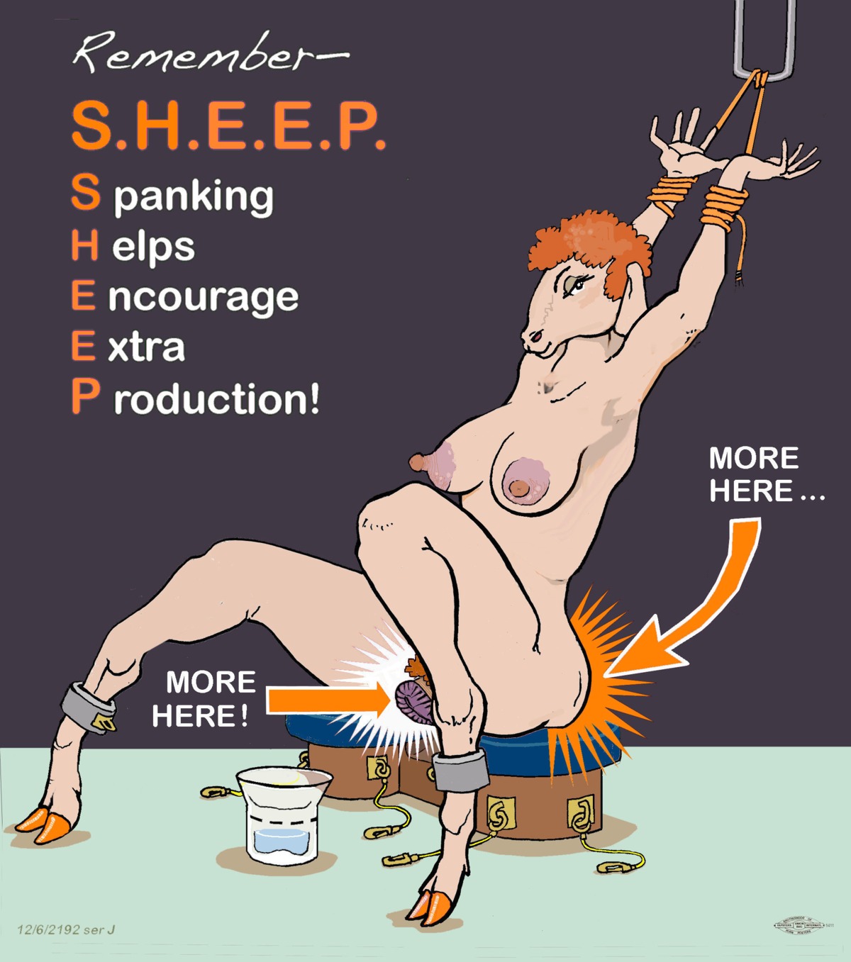 2012 ankle_cuffs anthro bdsm bodily_fluids bondage bonds bound bovid breasts brown_pubes butt_slap caprine cloven_hooves cord cuff_(restraint) directional_arrow drafthorse e621 english_text female funnel_beaker genital_fluids genitals hair hi_res hooves long_legs mammal nipple_dip nipples painted_hooves plump_labia poster poster_template pubes raised_arm recombinant red_hair restraints rope shackles shugr simple_background slap smile solo spanking submissive submissive_female text unguligrade union_bug vaginal_fluids vulva