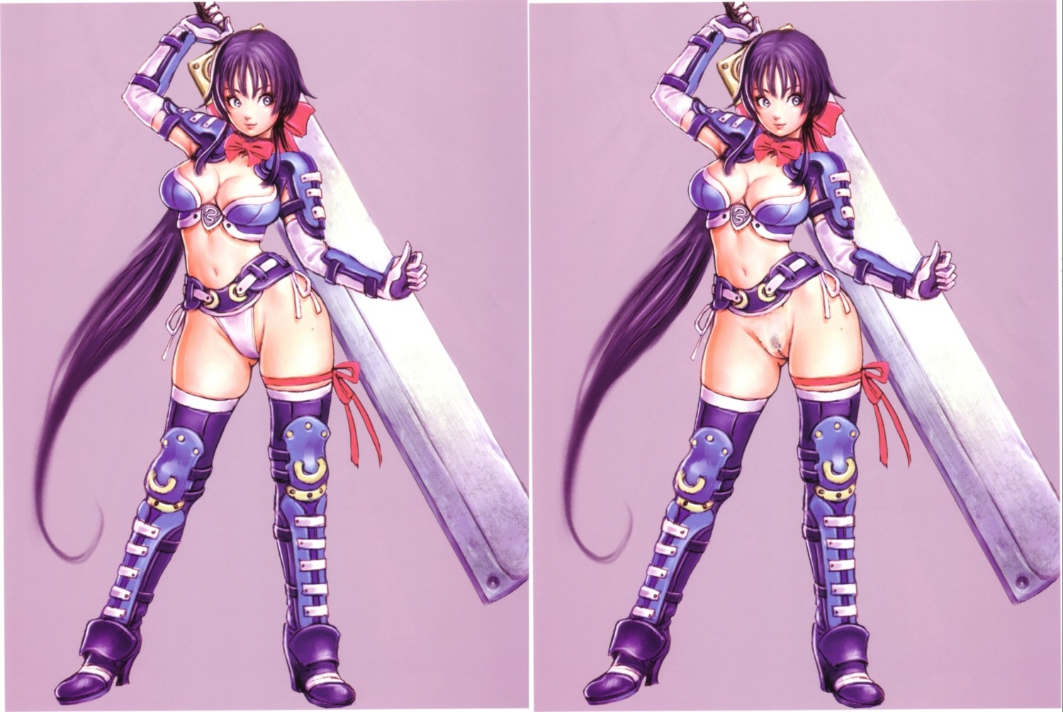 1girls bow comparison female female_only highres long_hair no_pants nude_filter photoshop ponytail pubic_hair purple_hair pussy ribbon rule34 solo sword tied_hair uncensored weapon yamashita_shun'ya zaiu8