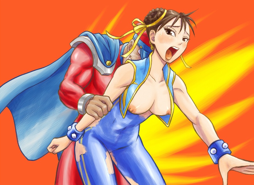 areola arm_grab artist_request biceps bodysuit bracelets breasts brown_eyes brown_hair capcom cape chun-li defeated doggy_style epaulets female hair_ornament hat human jumpsuit looking_back m_bison male nipples open_clothes open_mouth open_shirt pecs rule34 sex shirt straight street_fighter street_fighter_alpha street_fighter_alpha_2 street_fighter_alpha_3