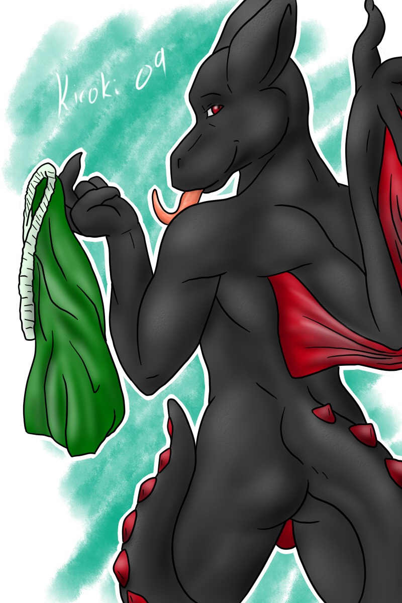 2009 2:3 anthro backsack balls biped black_body black_skin butt clothing dragon e621 genitals hi_res holding_clothing holding_object holding_underwear kiroki long_tongue looking_at_viewer looking_back male membrane_(anatomy) membranous_wings mythological_creature mythological_scalie mythology nude rear_view red_body red_eyes red_skin scalie simple_background solo spikes standing tail thong tongue tongue_out underwear wings