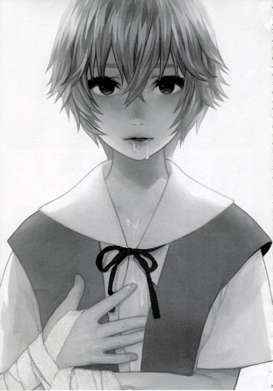 bandage clothes clothing cum female joe_sage monochrome neon_genesis_evangelion rei_ayanami rule34 school_uniform
