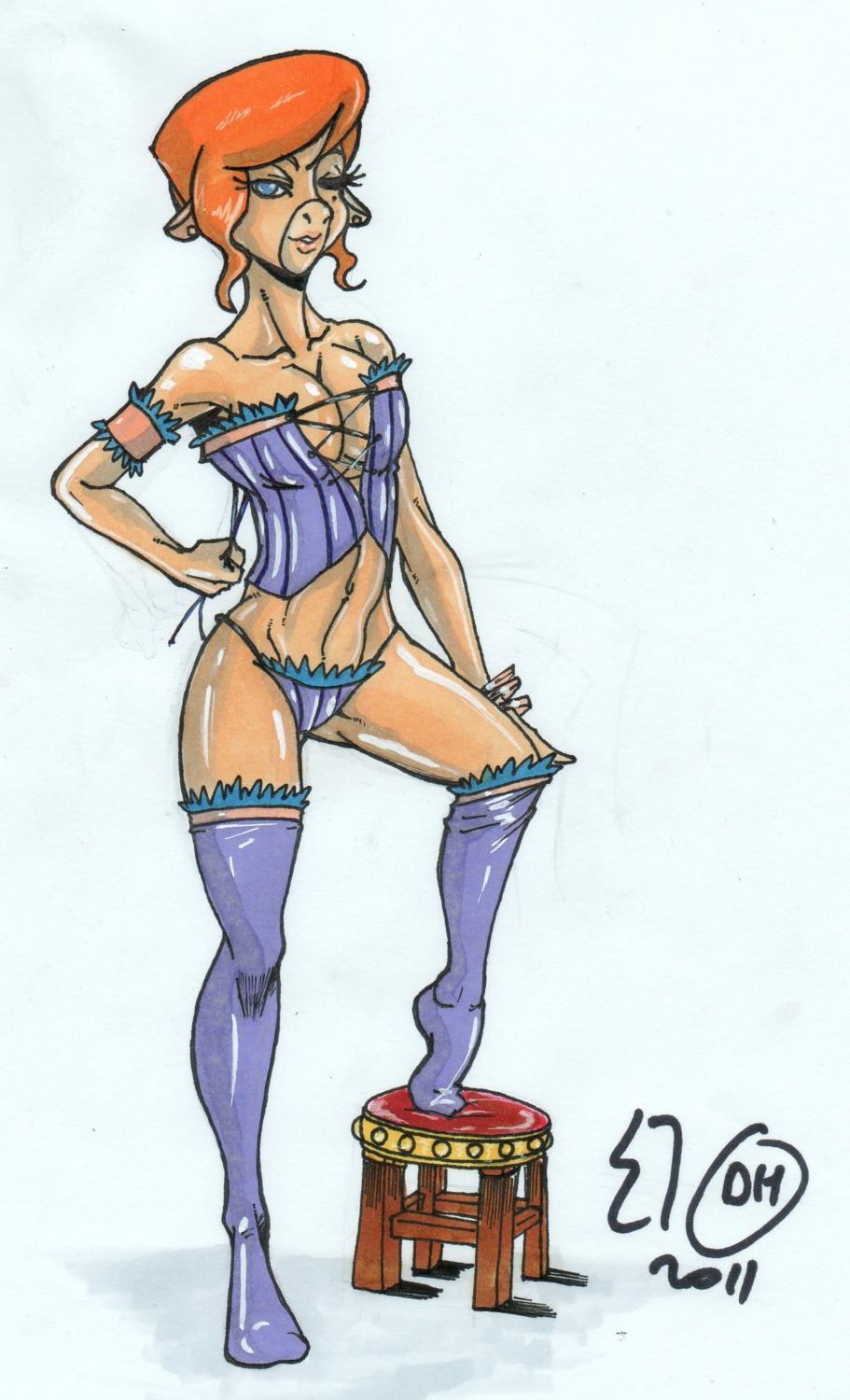 10s 1girls 2000s_and_2010s_style 2010s 2011 anthro_only blue_eyes bovine breasts cattle cleavage corset dragonhorse10 earrings facing_viewer female female_only foot_stool full_body hand_on_hip lily_bovine lingerie looking_at_viewer medium_breasts midriff no_humans no_shoes orange_hair panties purple_corset purple_panties purple_thighhighs rule34 short_hair short_hair_with_long_locks simple_background solo tagme thighhighs traditional_media_(artwork) white_background wild_west_c.o.w.-boys_of_moo_mesa winking_at_viewer