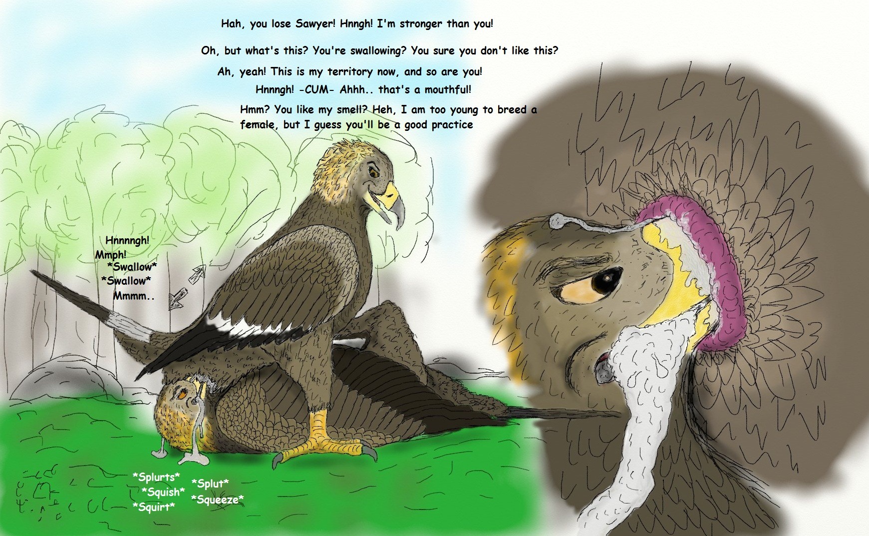 accipitrid accipitriform anatomically_correct anatomically_correct_cloaca anatomically_correct_genitalia animal_genitalia avian avian_feet beak beak_fetish beak_fuck beak_in_cloaca beak_play beak_sex beak_sitting bird bodily_fluids claws cloaca cloaca_ejaculation cloaca_juice cloacal cloacal_penetration cloacalingus cum cum_from_cloaca dialogue dominant dominant_male duo e621 eagle ejaculation english_text feet feral feral_on_feral ferobird genital_fluids genitals golden_eagle hi_res male male/male male_penetrated male_penetrating male_penetrating_male open_mouth oral penetration pink_cloaca reverse_forced_cloacal round_cloaca sawyer_(ferobird) sex snout_fuck talons text toe_claws toes true_eagle