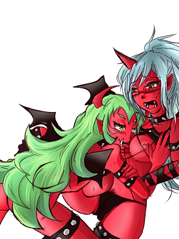 2demons blush demon demon_girl demon_wings female glasses horn horns incest kneesocks_daemon multiple_females multiple_girls nipples panties panty_&amp;_stocking_with_garterbelt red_skin rule34 scanty_daemon siblings sister sisters smile underwear wings yuri