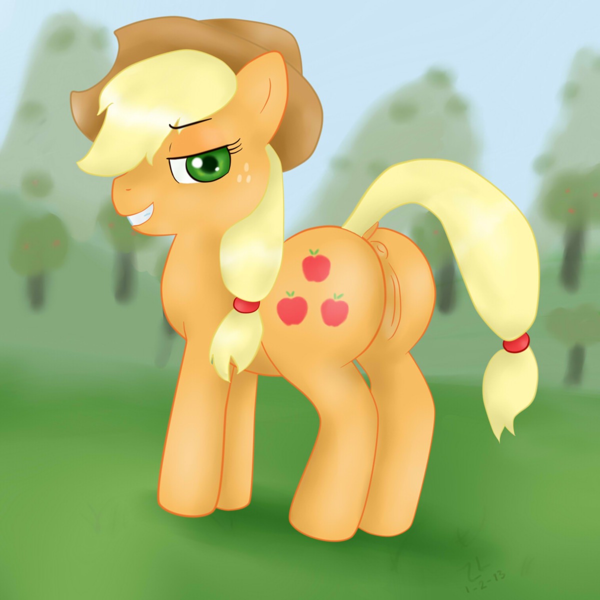 1:1 2013 anus applejack_(mlp) blonde_hair butt clothing cowboy_hat cutie_mark digital_media_(artwork) e621 earth_pony equid equine female feral freckles friendship_is_magic genitals green_eyes hair hasbro hat headgear headwear hi_res horse looking_at_viewer mammal my_little_pony pony quadruped smile solo tail vulva zeklullaby