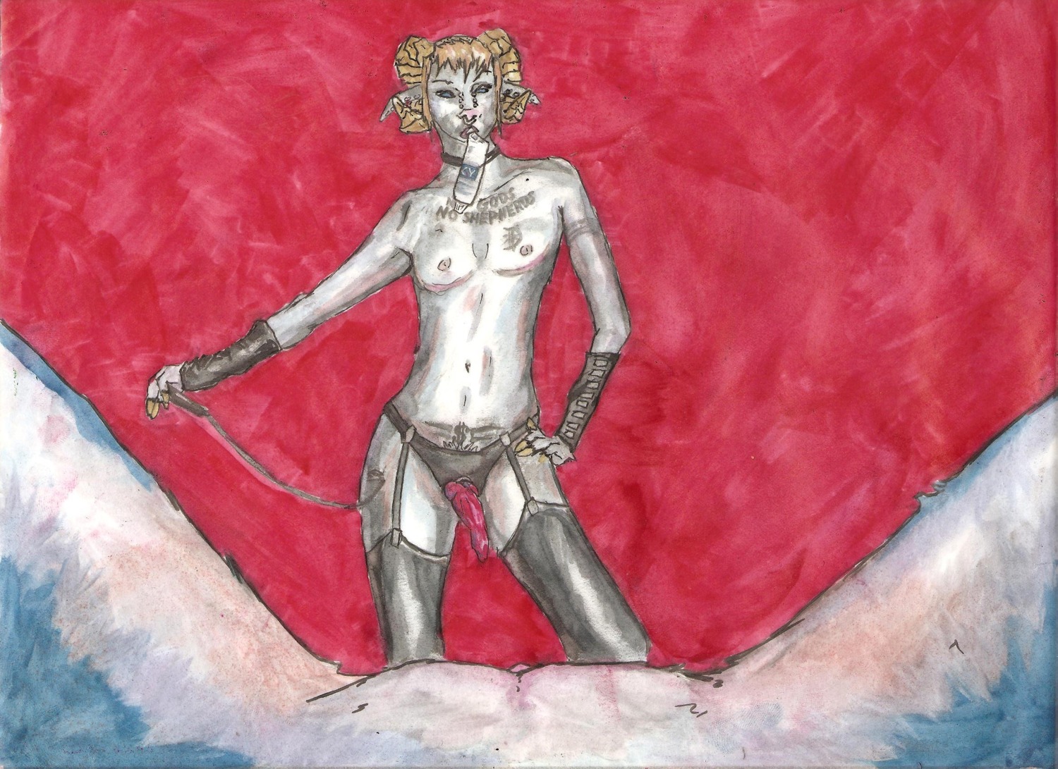 andromorph anthro arm_warmers armwear biped bovid bovid_horn caprine caprine_horn clothing crotch_shot currency_symbol dildo dollar_sign domestic_sheep dominant dominant_andromorph dominant_intersex dominatrix duo e621 female front_view garter_straps genitals hendly_(hendlyd) hendlyd hi_res horn inframammary_scar intersex k-y_jelly knot knotted_dildo legwear lube lying mammal mastectomy_scar mostly_offscreen_character mostly_offscreen_female on_back painting_(artwork) perspective piercing portrait prostitution ram_horn riding_crop scar sex_toy sheep solo_focus standing strapon symbol tattoo three-quarter_portrait traditional_media_(artwork) traditional_painting_(artwork) traditional_watercolor_(artwork) trans_(lore) trans_man_(lore) visibly_trans vulva watercolor_(artwork) whip