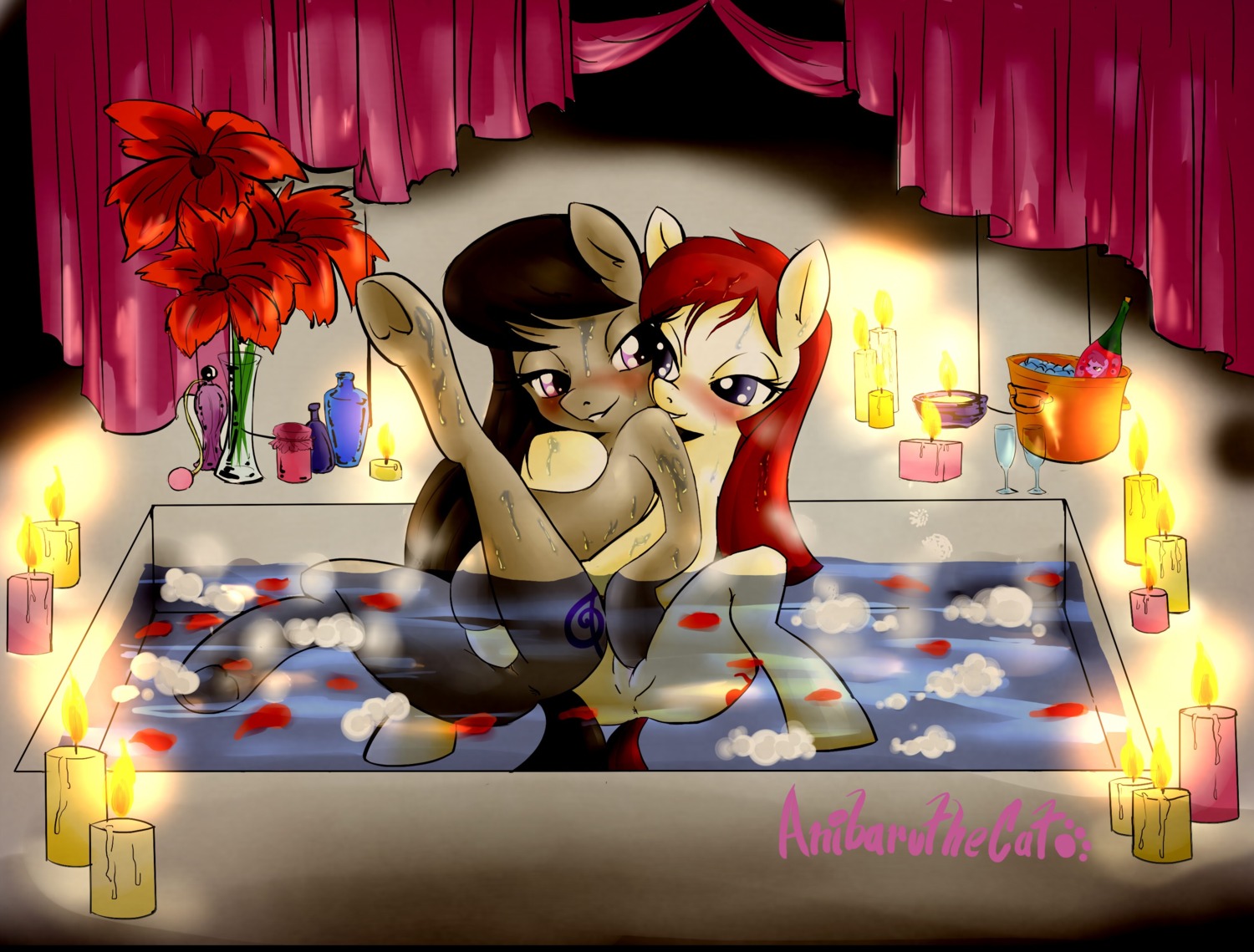 2014 anibaruthecat anus black_hair blush candle cutie_mark digital_media_(artwork) duo e621 earth_pony equid equine eyelashes fan_character female female/female feral flower friendship_is_magic fur genitals glass grey_body grey_fur hair half-closed_eyes hasbro hi_res horse inside long_hair mammal my_little_pony narrowed_eyes octavia_(mlp) one_leg_up plant pony purple_eyes raised_leg red_hair romantic romantic_ambiance vulva water wet