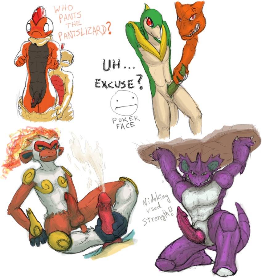 anthro blush bodily_fluids charizard cum dragon e621 erection faceless_character faceless_male feet feraligatr fire foot_fetish foot_play footjob generation_1_pokemon generation_2_pokemon generation_4_pokemon generation_5_pokemon genital_fluids genitals group handjob humanoid_genitalia humanoid_penis infernape male male_focus mythological_creature mythological_scalie mythology nidoking nintendo orange_body penetration penile penis penis_grab pokemon pokemon_(species) red_eyes scalie scrafty scraggy servine sex sketch_page tail yellowpower