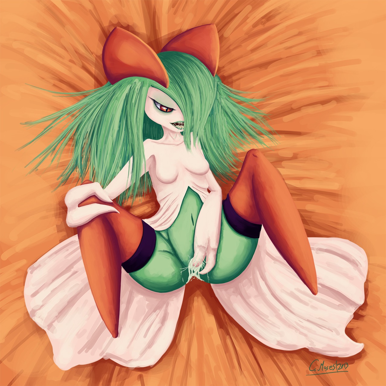 2013 bodily_fluids e621 female generation_3_pokemon green_hair hair hi_res humanoid kirlia luffsas lying masturbation nintendo not_furry on_back pokemon pokemon_(species) red_eyes saliva signature solo teeth vaginal vaginal_masturbation