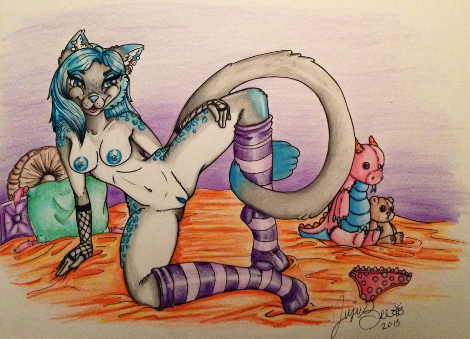 2013 anthro blue_eyes breasts canid canine clothed clothing e621 feet female fishnet_clothing fur genitals hair hi_res hindpaw jujubee legwear mammal markings nipples open_mouth panties partially_clothed paws piercing plushie pose signature smile solo spread_legs spreading stockings tail tail_around_leg underwear vulva