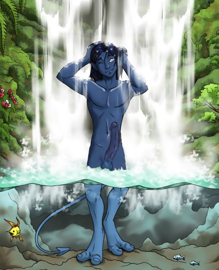 1boy artist_request balls big_penis blue demon erection happy kids_wb kurt_wagner large_penis legs long_hair male male_only marvel marvel_comics mutant nature nightcrawler nipples nude penis pointy_ears purple rule34 solo straight_hair superhero tail uncensored water waterfall x-men x-men_evolution yaoi