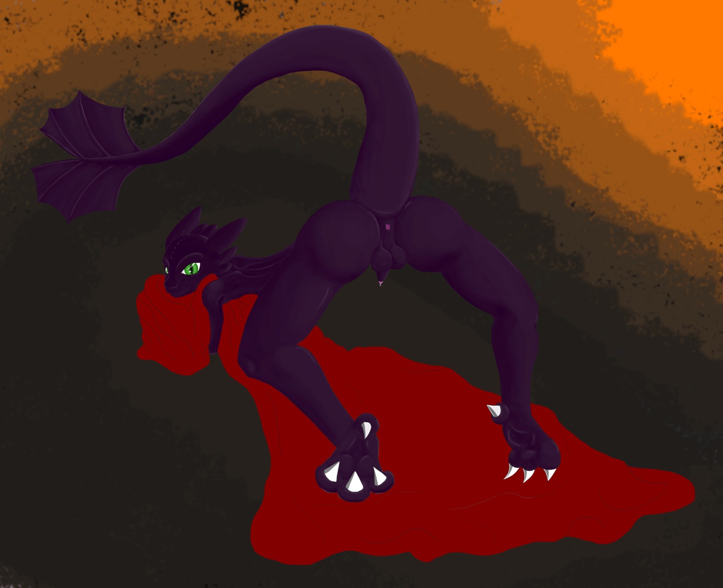 anthro anthrofied ass_up backsack balls bedding blanket casualfurry clipped_wings dragon dreamworks dripping e621 european_mythology foreskin fury_(httyd) genitals green_eyes hi_res how_to_train_your_dragon looking_at_viewer male mythological_creature mythological_scalie mythology night_fury penis purple_body scalie solo tail toothless western_dragon