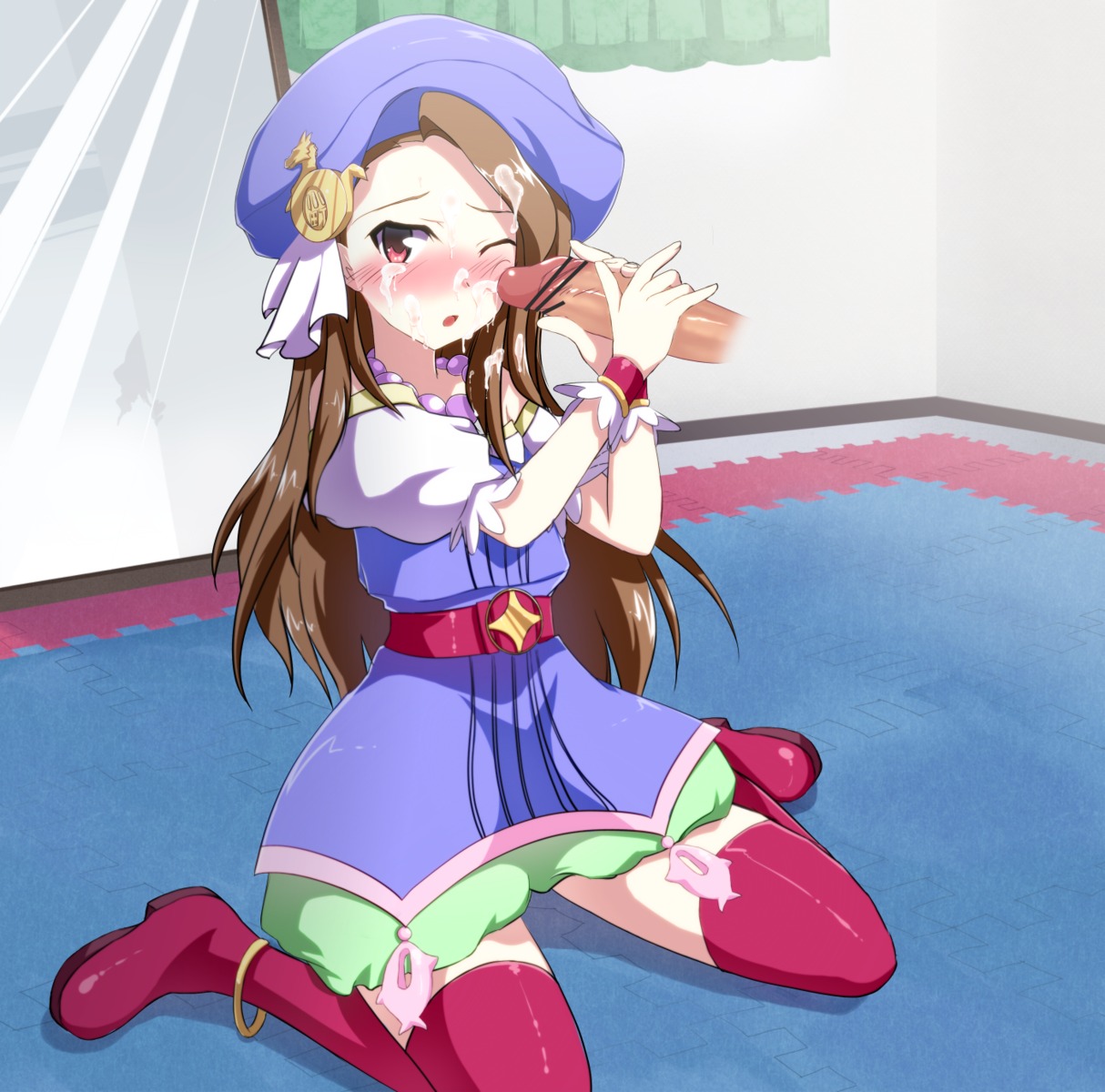 belt blush brown_hair cum cum_on_hair facial female handjob hat highres idolmaster jewelry long_hair magic_penis male minase_iori mirror necklace penis reflection rule34 ryuuguu_komachi sitting solo takatsuki_yayoi thighhighs wariza when_you_see_it wink yatufusa1 zettai_ryouik
