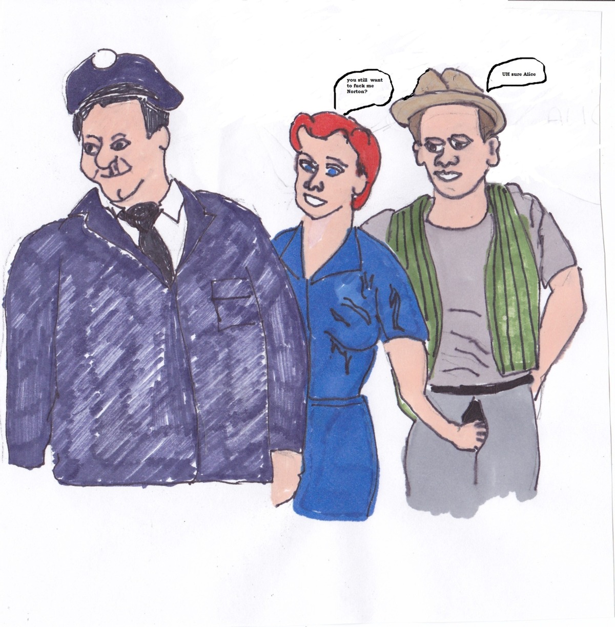 1girls 2boys alice alice_kramden black_hair blue_eyes brown_eyes brown_hair cheating_husband cheating_wife ed_norton female hair hand_in_pants holding_penis honeymooners human male norton pants_open penis ralph ralph_kramden red red_hair rule34 vest