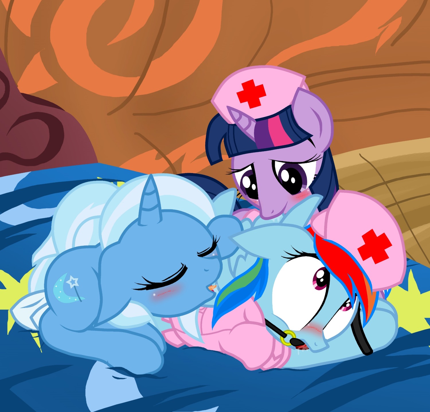 ball_gag bdsm bed blue_body blue_feathers blue_fur bondage bound clothing cutie_mark dominant dominant_female e621 equid equine feathered_wings feathers female female/female feral friendship_is_magic fur furniture gag gagged group hair hasbro hi_res horn licking mammal multicolored_hair my_little_pony mythological_creature mythological_equine mythology nurse nurse_clothing nurse_uniform pegasus purple_body purple_fur purple_hair pyruvate rainbow_dash_(mlp) rainbow_hair submissive submissive_female tongue tongue_out trixie_(mlp) twilight_sparkle_(mlp) two_tone_hair unicorn uniform wings