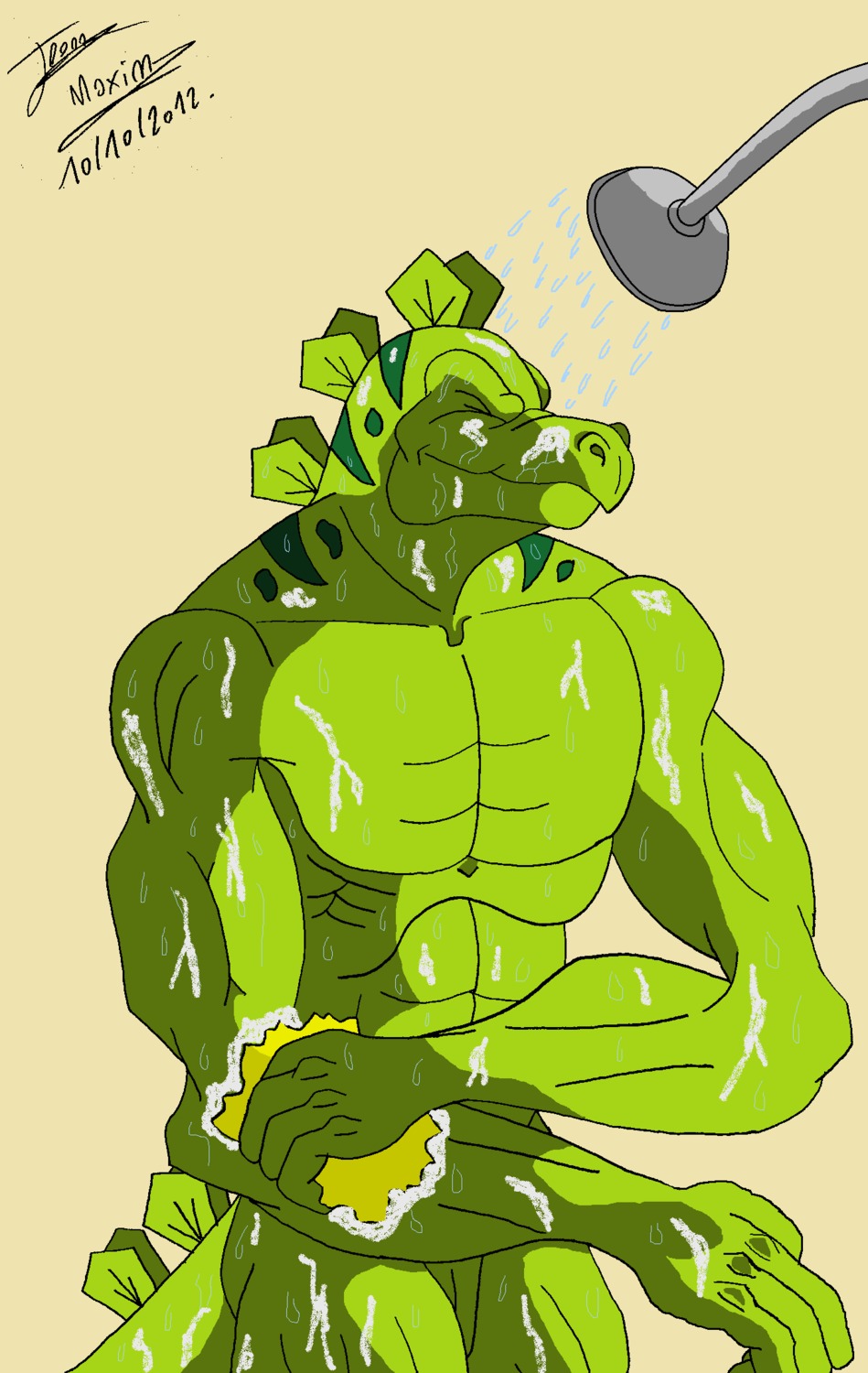 2012 abs anthro biceps casual_nudity dinosaur e621 extreme_dinosaurs eyes_closed green_body green_skin hi_res male maxime-jeanne muscular muscular_anthro muscular_male nude ornithischian pecs prehistoric_species reptile scales scalie shower shower_head solo stegosaurian stegosaurus stegz tail thyreophoran water wet