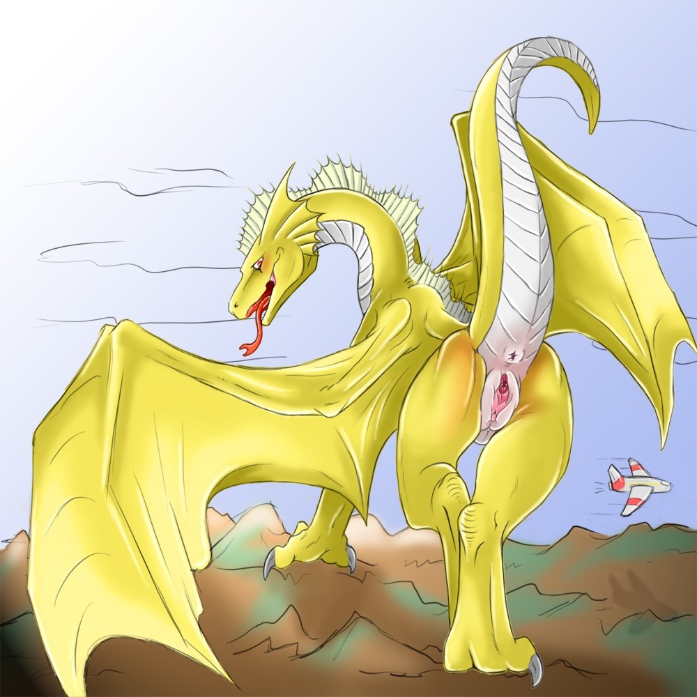 1:1 anus butt dragon e621 european_mythology female feral genitals giga landscape_dwarfing looking_at_viewer macro membrane_(anatomy) membranous_wings mythological_creature mythological_scalie mythology narse scalie silowyi solo tail vulva western_dragon wings yellow_body