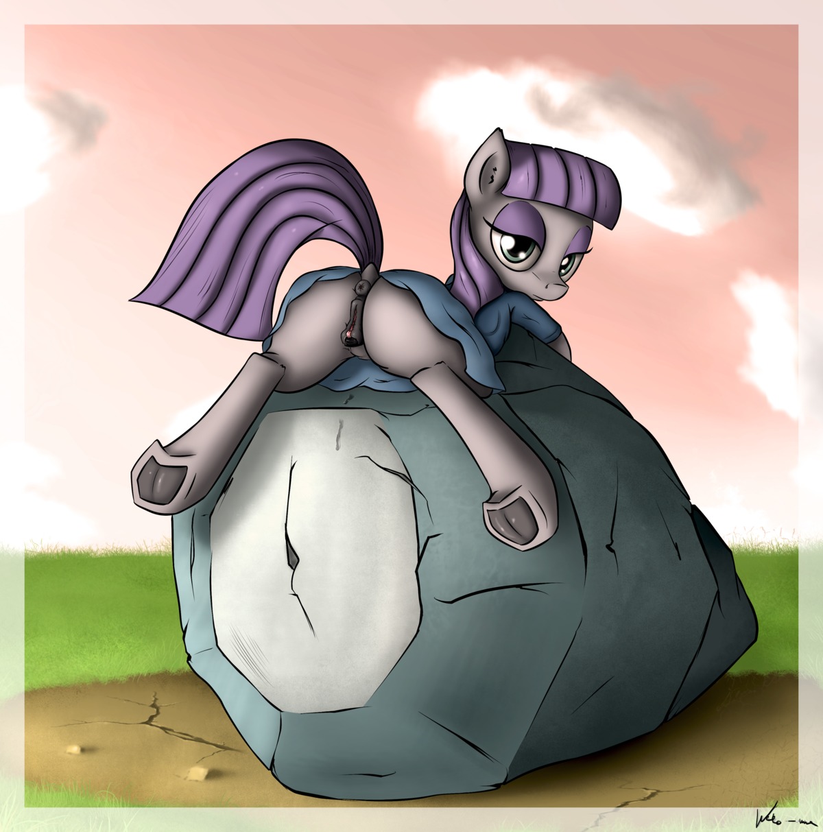 2014 absurd_res anus bodily_fluids boulder butt clitoral_winking clitoris clothing cloud e621 earth_pony equid equine female feral friendship_is_magic fur genital_fluids genitals grass grey_body grey_fur hair half-closed_eyes hasbro hi_res hooves horse looking_at_viewer lying mammal maud_pie_(mlp) my_little_pony narrowed_eyes neko-me on_front outside plant pony puffy_anus purple_hair rock sky solo spread_legs spreading tom_(mlp) vaginal_fluids vulva