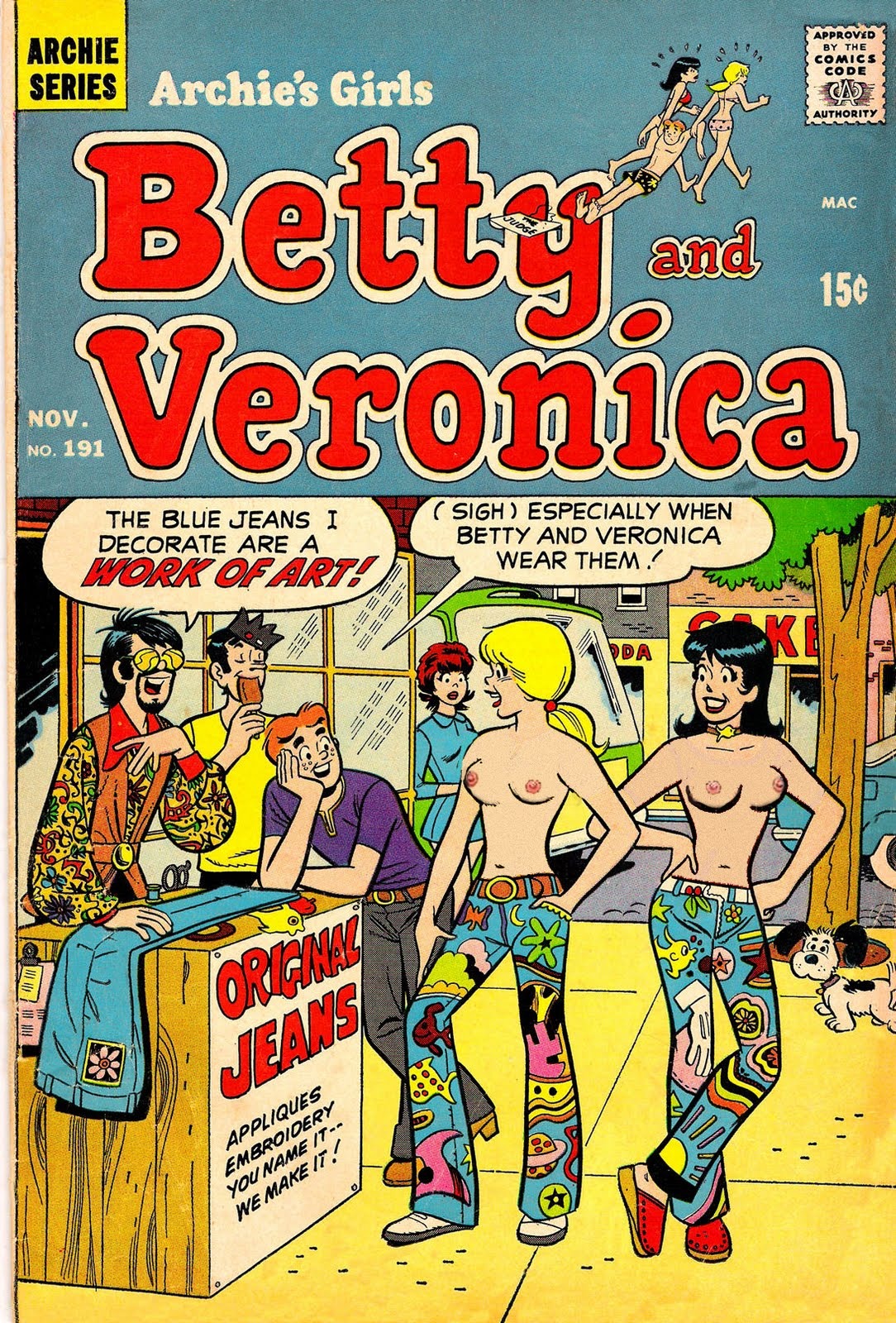 2girls archie_andrews archie_comics betty_and_veronica betty_cooper black_hair blonde_hair breasts female jeans jughead_jones multiple_females multiple_girls rule34 smile topless veronica_lodge