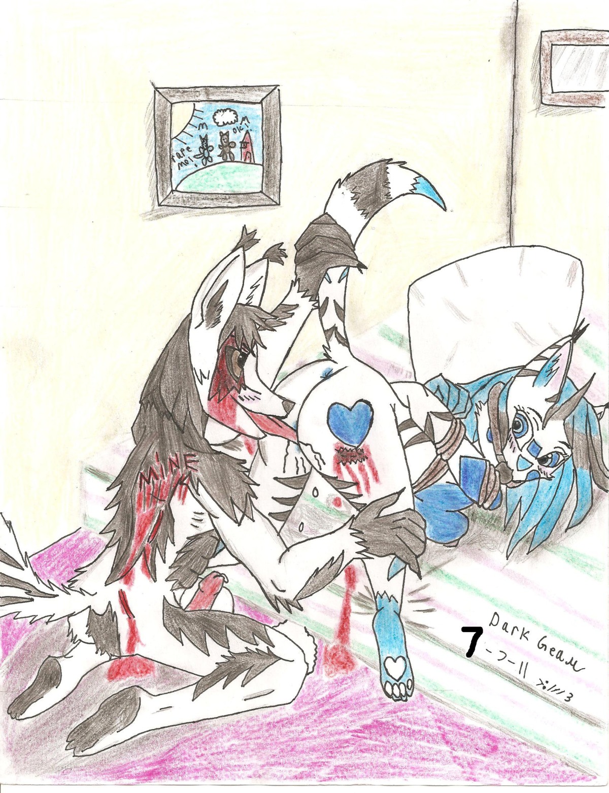 anthro anus bdsm bite blood blush bodily_fluids bondage bound canid canine canis cum darkgear domestic_cat domestic_dog duo e621 erection felid feline felis female genital_fluids genitals hi_res male male/female mammal nude oral penis tail vulva