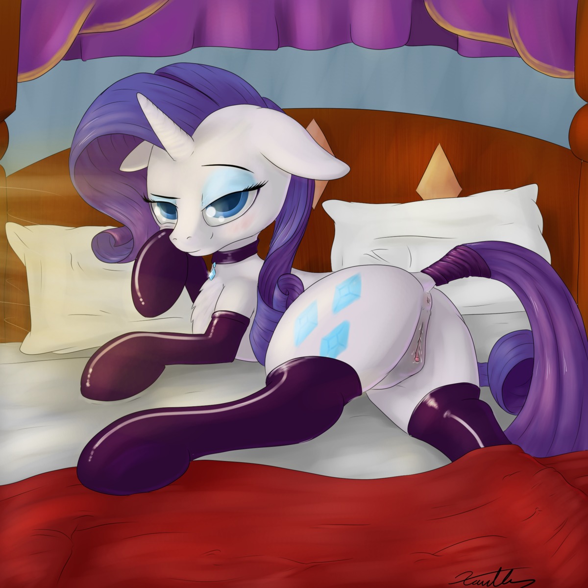 1:1 2014 anus armwear bed blue_eyes blue_eyeshadow butt clothing cutie_mark e621 elbow_gloves equid equine eyelashes eyeshadow female feral friendship_is_magic fur furniture genitals gloves hair handwear hasbro hi_res horn inside legwear looking_at_viewer lying makeup mammal my_little_pony mythological_creature mythological_equine mythology pillow purple_hair rarity_(mlp) solo thigh_highs unicorn vulva white_body white_fur xanthor