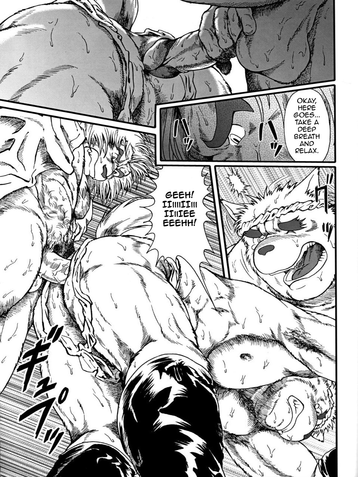 3:4 anal anal_penetration anthro balls butt canid canine canis comic dialogue domestic_dog duo e621 english_text erection felid genitals greyscale hi_res humanoid_genitalia humanoid_penis jin_(artist) lion male male/male male_penetrated male_penetrating male_penetrating_male mammal monochrome multiple_scenes muscular pantherine penetration penis sex text translated