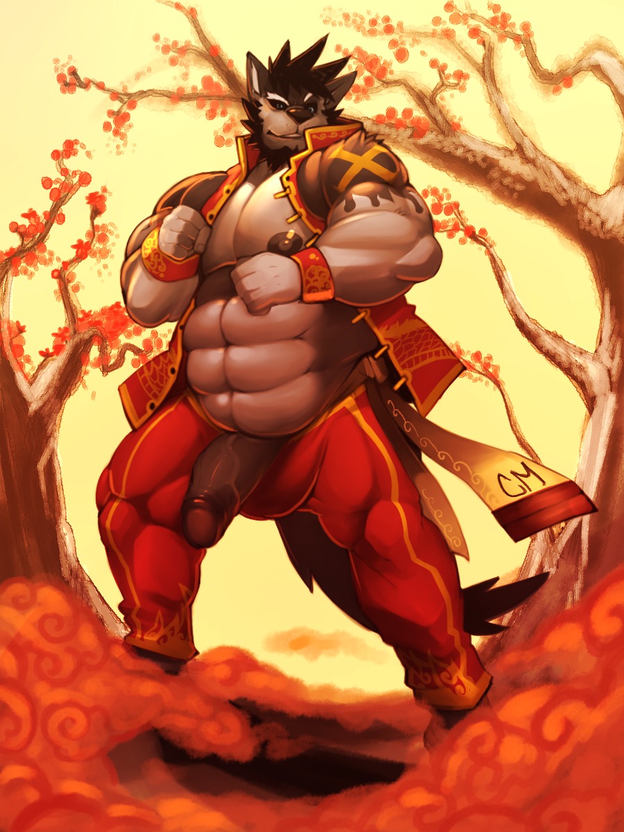 3:4 abs anthro beard biceps big_muscles big_penis biped black_hair black_nipples black_nose blue_eyes bottomwear bulge canid canine canis clothed clothing e621 erection facial_hair fur genitals grey_body grey_fur grin hair hi_res humanoid_genitalia humanoid_penis komboochie looking_at_viewer male mammal musclegut muscular muscular_anthro muscular_male nipples open_clothing open_shirt open_topwear outside pants pecs penis pose presenting shirt slightly_chubby smile solo standing tattoo thick_penis topwear vein warm_colors wolf