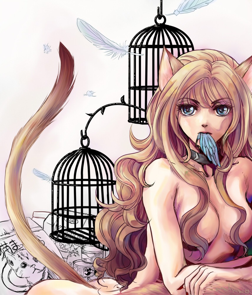 animal_humanoid avian bird blonde_hair blue_eyes body_in_mouth breasts cage cat_humanoid collar digital_media_(artwork) domestic_cat duo e621 feathers felid felid_humanoid feline feline_humanoid felis female female_pred feral feral_prey hair humanoid humanoid_pred mammal mammal_humanoid nekokusa oral_vore partially_inside solo_focus tail vore