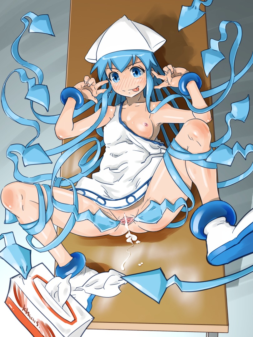 :p after_sex blue_eyes blue_hair blush bracelet censored cum cum_inside cumdrip double_v dress female hat ikamusume jewelry long_hair lying no_panties on_back pussy rule34 shinryaku!_ikamusume solo spread_legs spread_pussy suesan table tentacle tentacle_hair tissue tissue_box tongue upskirt v