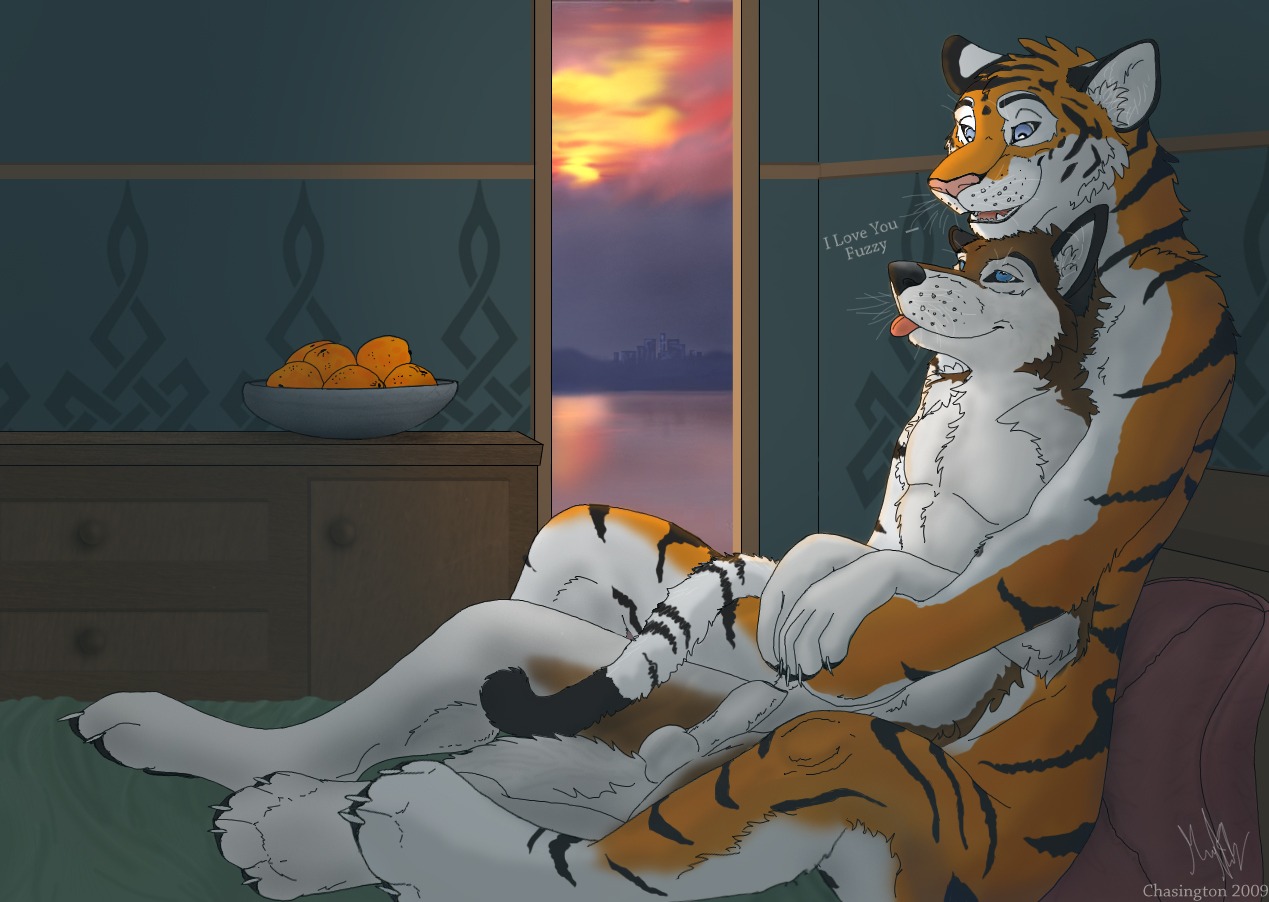 animal_genitalia anthro balls blue_eyes canid canine canis chasington domestic_dog duo e621 english_text felid fully_sheathed fuzzy_(character) genitals hug inside male male/male mammal open_mouth pantherine romantic romantic_ambiance romantic_couple sheath text tiger tongue tongue_out