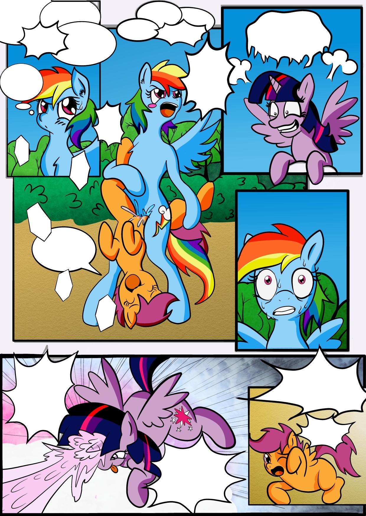 2013 anibaruthecat blue_body blue_feathers blue_fur blush bodily_fluids colored comic cutie_mark digital_media_(artwork) e621 equid equine eyes_closed feathered_wings feathers female female/female feral friendship_is_magic fur genitals group hair hasbro hi_res horn magic mammal multicolored_hair my_little_pony mythological_creature mythological_equine mythology one_eye_closed orange_body orange_fur outside pegasus purple_body purple_eyes purple_fur purple_hair rainbow_dash_(mlp) rainbow_hair scootaloo_(mlp) sex slipperymonkey smile sweat tribadism twilight_sparkle_(mlp) two_tone_hair vaginal vulva winged_unicorn wings young young_feral