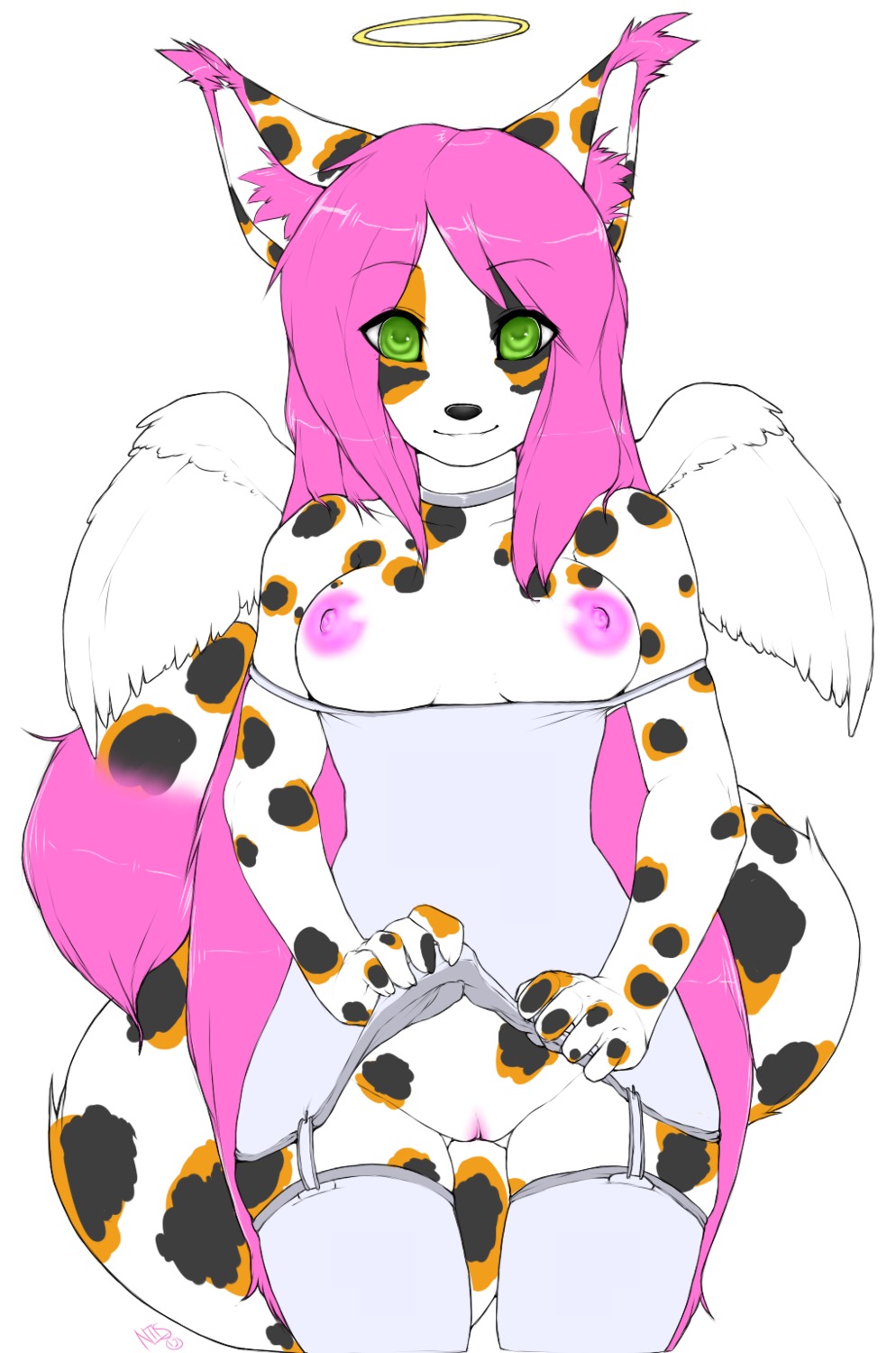 angel anthro biped black_body black_fur black_nose breasts canid canine clothed clothing collar dipstick_tail e621 ear_tuft exposed_breasts eye_through_hair feathered_wings feathers female fox fur genitals green_eyes hair halo hi_res inner_ear_fluff kiit legwear long_hair looking_at_viewer mammal markings niis nipples off_shoulder pink_hair presenting simple_background smile solo spots standing stockings tail tail_markings translucent translucent_hair tuft vulva white_background white_body white_fur wings