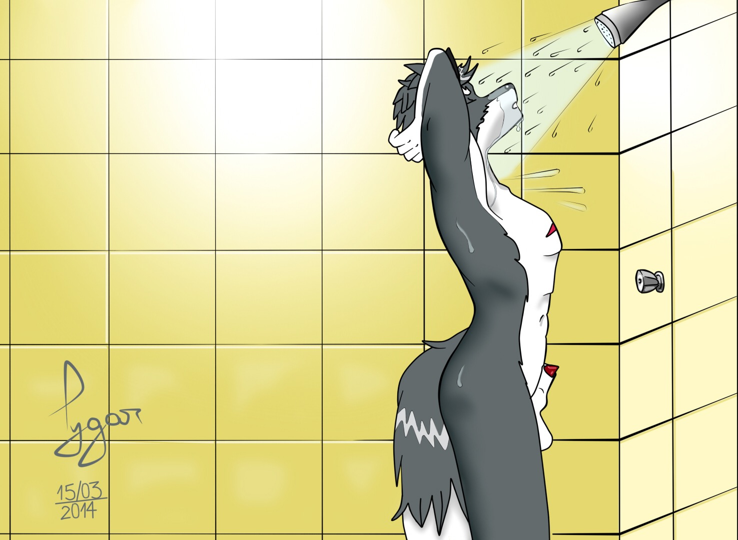 2014 animal_genitalia anthro bath canid canine canis e621 fur genitals grey_body grey_fur horn male mammal nude open_mouth penis penis_tip sheath solo tygar_tiger water wolf
