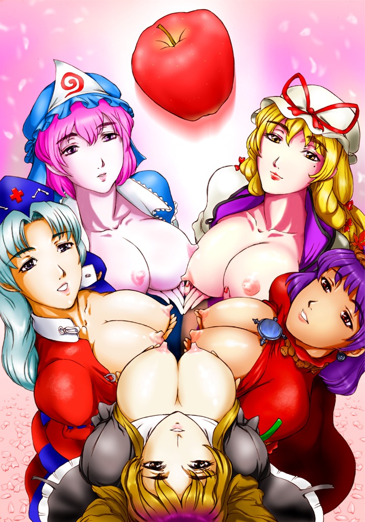 apple areolae artist_request blonde_hair blue_eyes breasts brown_eyes cleavage eirin_yagokoro female food fruit gradient_hair hijiri_byakuren huge_breasts kanako_yasaka large_breasts long_hair multicolored_hair nipples pink_hair purple_hair red_eyes rule34 silver_hair touhou yellow_eyes yukari_yakumo yuyuko_saigyouji