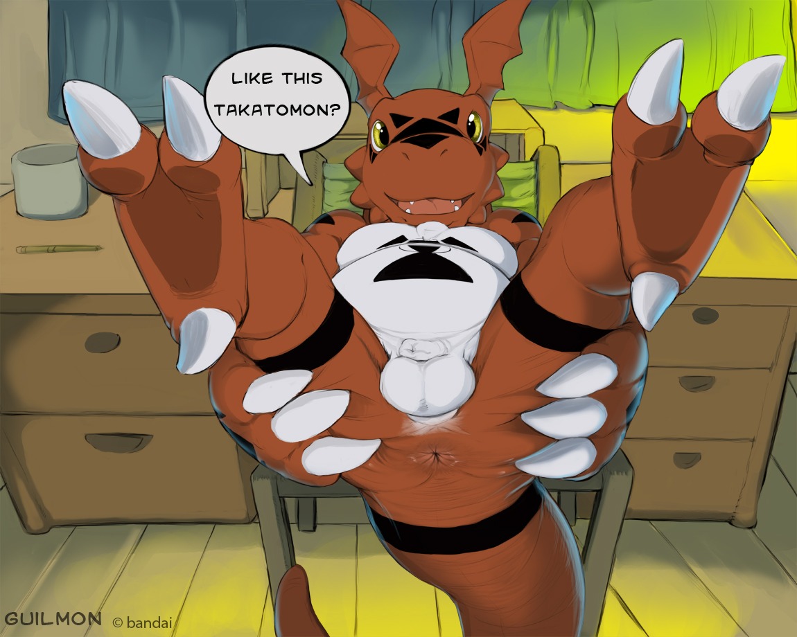 2012 2_toes 5:4 alternate_color anthro anus balls bandai_namco belly bent_legs biped butt chair claws digimon digimon_(species) digital_hazard dragon e621 english_text extended_arms feet flaccid furniture genitals guilmon hand_on_butt hand_on_own_butt hands_on_legs hands_on_own_legs hands_on_own_thighs hands_on_thighs holding_both_legs holding_both_thighs holding_butt inverted_zero_unit legs_up looking_at_viewer lying male markings mythological_creature mythological_scalie mythology narse on_back open_mouth penis red_body reptile scalie smile solo spread_butt spread_legs spreading symbol tail text third-party_edit toes tongue white_belly yellow_eyes zero_unit