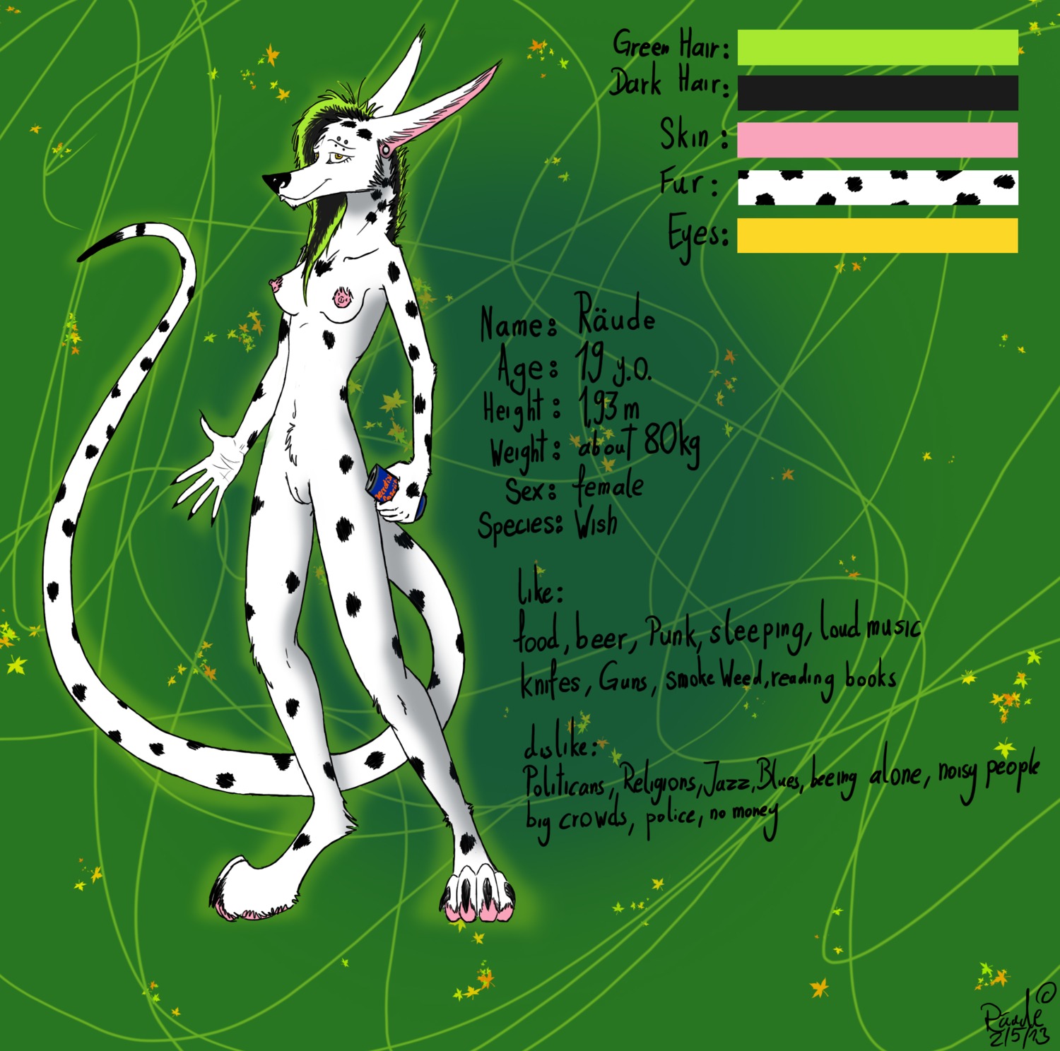 2013 absurd_res anthro breasts can color_swatch container e621 ear_piercing facial_piercing female genitals green_background hi_res leaf long_ears long_tail model_sheet mohawk nipples nude piercing raude_(thorntail) simple_background smile solo spots tail thorntail_(artist) tunnel vulva wish_(species)