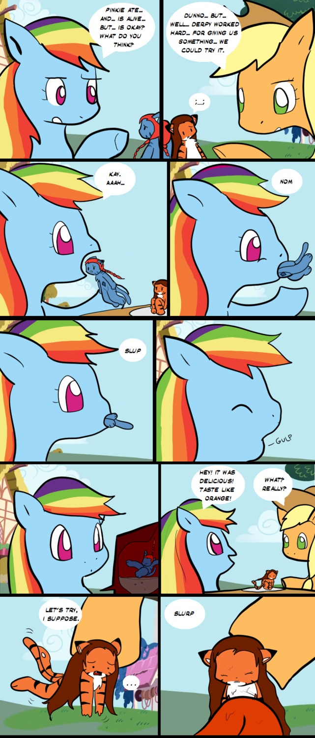2011 applejack_(mlp) blonde_hair blue_body blue_fur clothing comic cowboy_hat dialogue dragontrainer e621 earth_pony english_text equid equine felid female feral friendship_is_magic fur green_eyes group hair hasbro hat headgear headwear hi_res horse mammal micro multicolored_hair my_little_pony outside pantherine pony purple_eyes rainbow rainbow_dash_(mlp) rainbow_hair size_difference tail text tiger vore