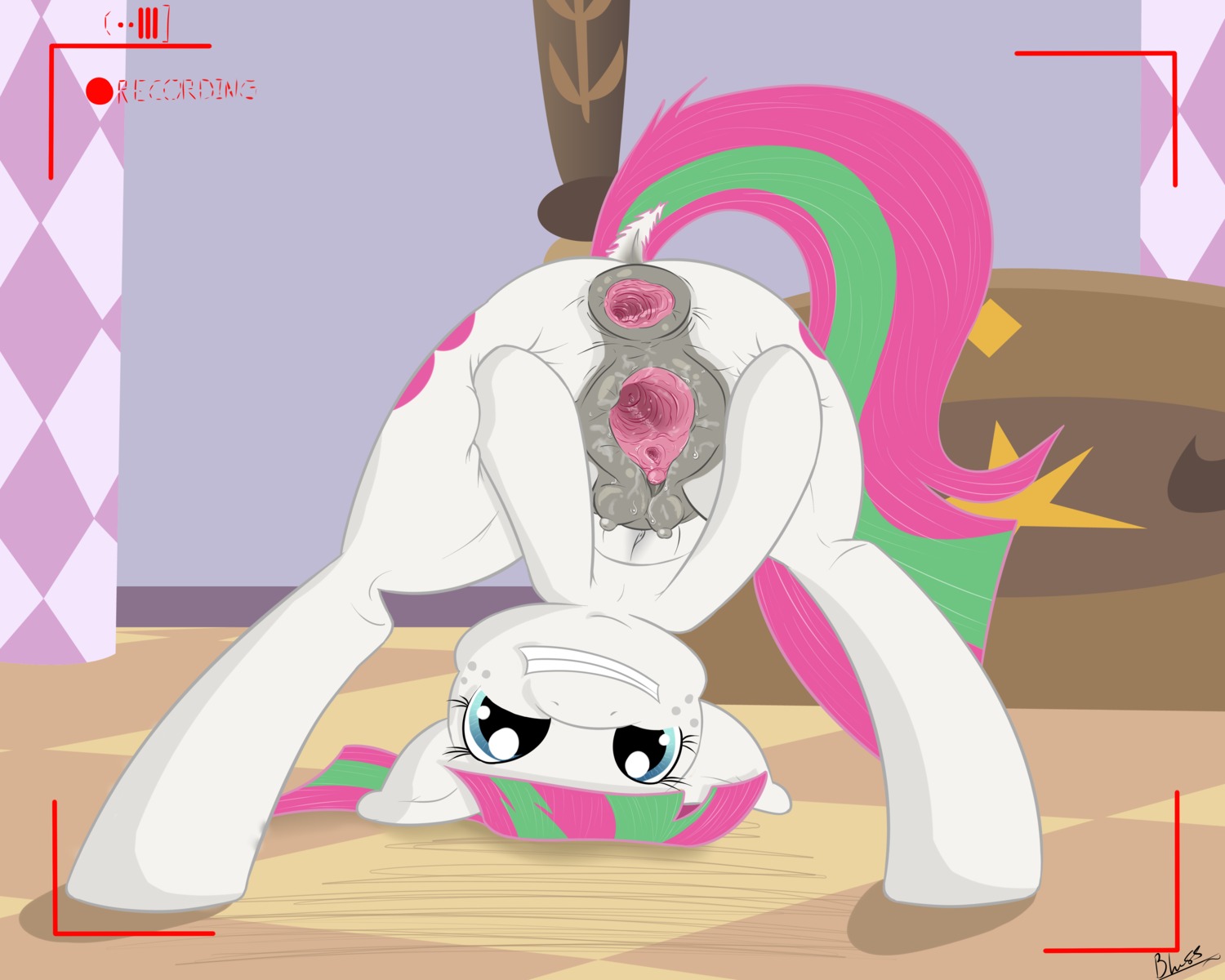 2013 5:4 absurd_res anus bent_over bloss blossomforth_(mlp) blue_eyes cervix clitoris cutie_mark e621 english_text equid equine female feral flexible freckles friendship_is_magic fur gaping gaping_anus gaping_vagina genitals hair hasbro hi_res horse looking_at_viewer mammal multicolored_hair my_little_pony pony presenting smile solo spread_legs spread_vulva spreading tail teats text two_tone_hair urethra vulva white_body white_fur