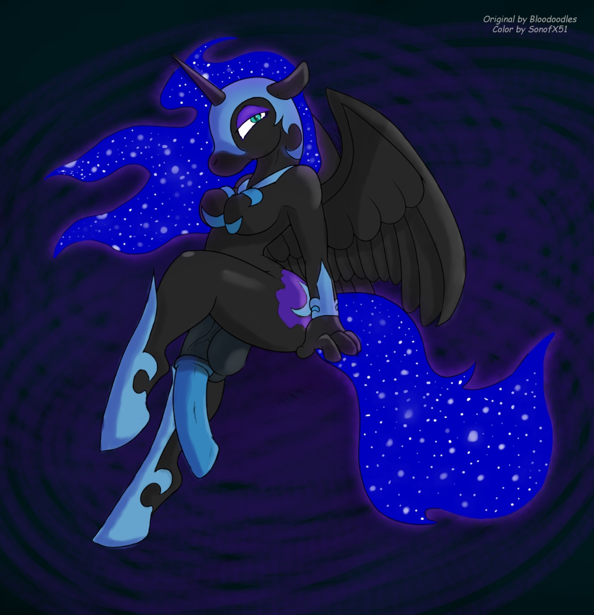 2011 animal_genitalia animal_penis anthro anthrofied balls biped black_body black_feathers black_fur bloo blue_hair breasts cutie_mark e621 english_text equid equine equine_genitalia equine_penis feathered_wings feathers flaccid friendship_is_magic fur genitals green_eyes gynomorph hair hasbro hi_res horn intersex mammal my_little_pony mythological_creature mythological_equine mythology nightmare_moon_(mlp) penis solo text winged_unicorn wings