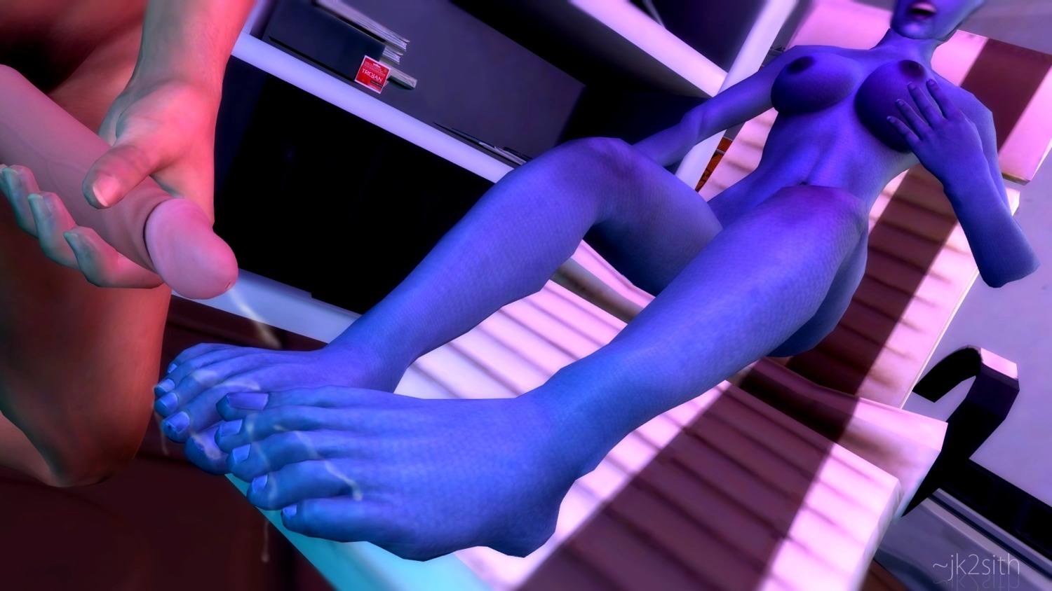 1boy 1girls 3d 3d_(artwork) anthro anthro_female asari breasts cum cum_on_feet cumshot erect_penis erection female garry's_mod human human_male jk2sith liara_t'soni male mass_effect nipples nude nude_female nude_male penis rule34 straight