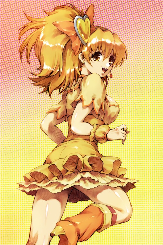 blonde_hair boots bow breasts cleavage clothing cure_pine dress female fresh_precure! fresh_pretty_cure! hisahiko magical_girl precure pretty_cure rule34 short_hair small_breasts smile yamabuki_inori