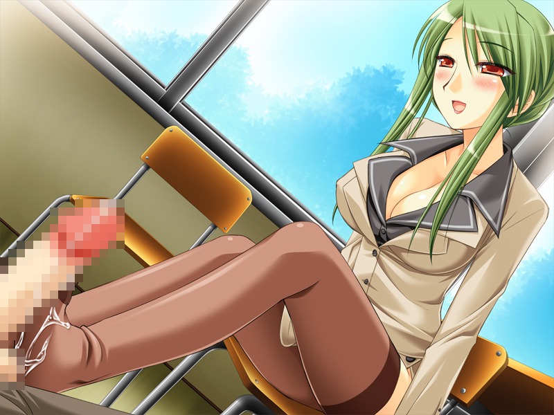 blush cum feet female footjob footjob_with_legwear green_hair male penis rule34 smile