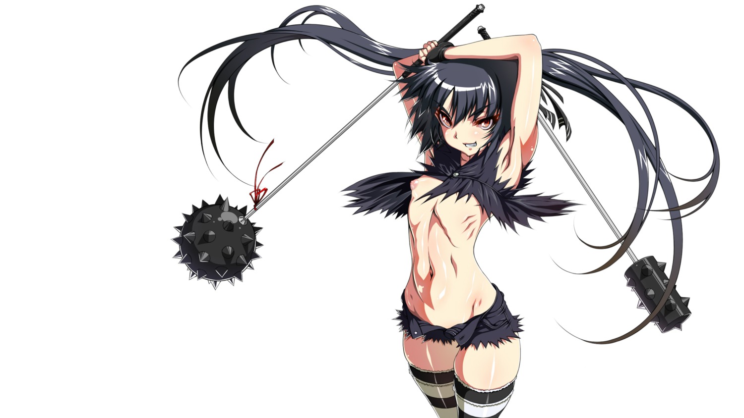 1girls black_hair club cutoffs denim denim_shorts dual_wielding female fingerless_gloves flat_chest gloves highres inagaki inagaki_(iii) kooh long_hair navel nipples no_panties open_clothes open_fly pangya pointy_chin puffy_nipples red_eyes ribs rule34 shorts skindentation solo striped striped_legwear striped_thighhighs thighhighs tied_hair twintails unzipped weapon