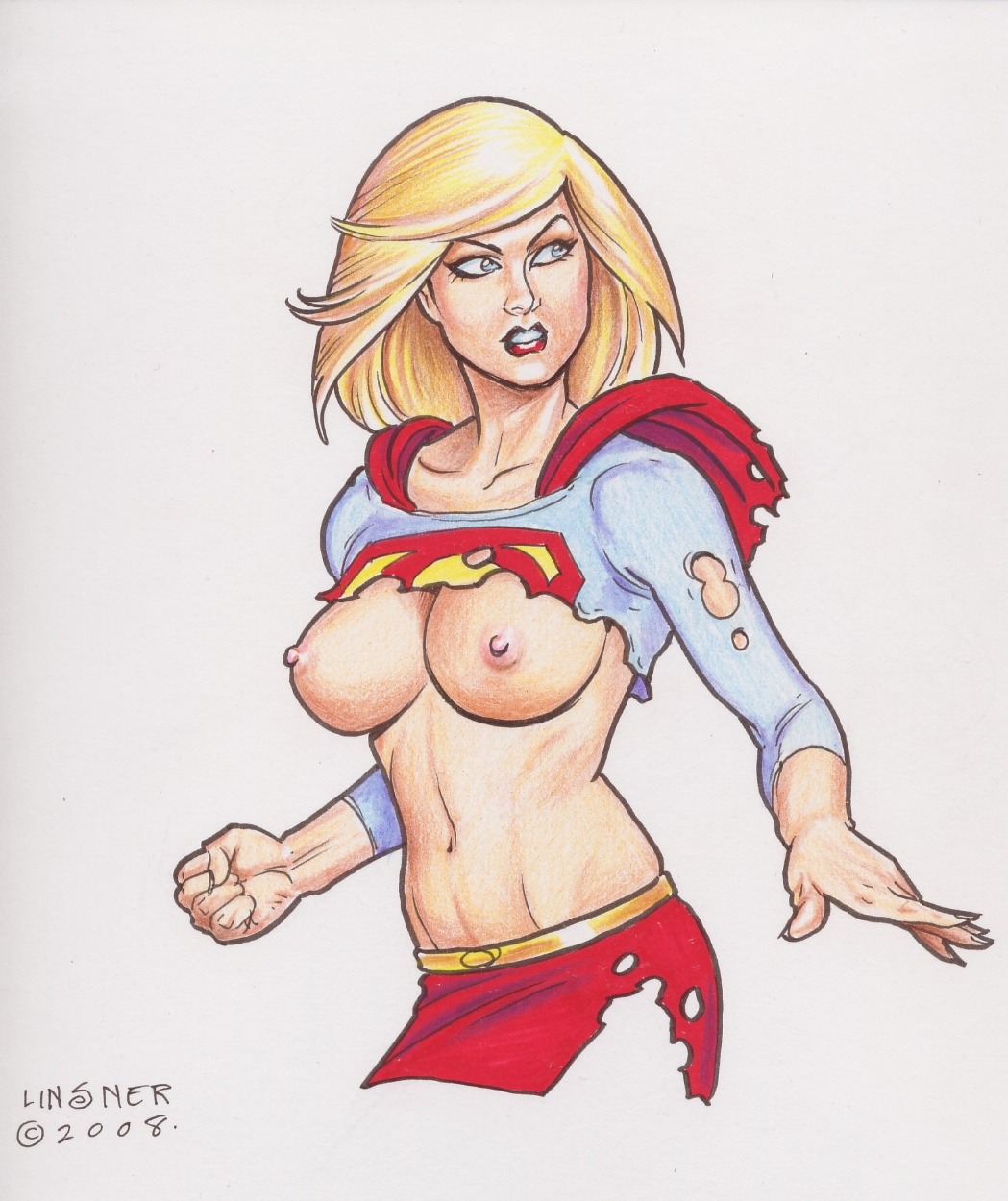 1girls 2008 big_breasts blonde_hair blue_eyes breasts dc dc_comics female female_only joseph_michael_linsner large_breasts nipples rule34 solo supergirl superman_(series) tagme torn_clothes