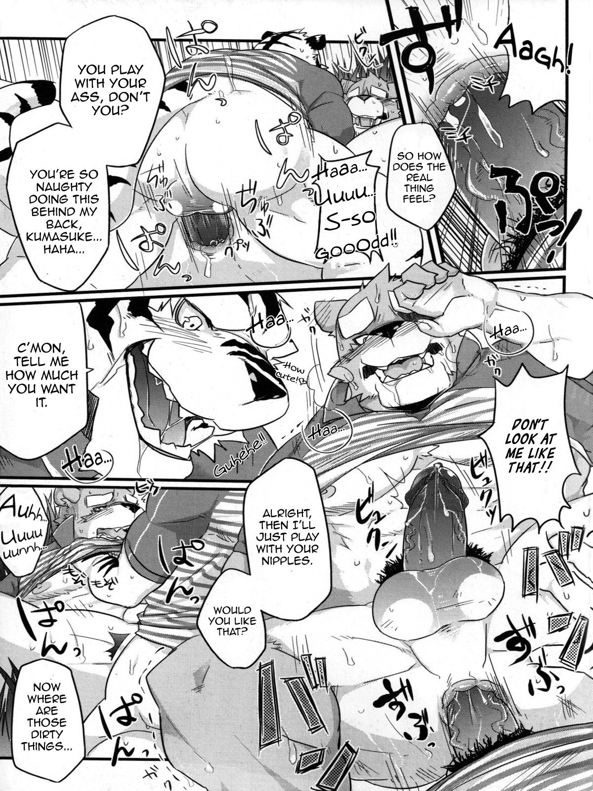 3:4 anal anal_penetration anthro balls bear biceps big_muscles blush bodily_fluids clothing comic cum cum_inside cumshot dialogue dirty_talk duo e621 ejaculation english_text erection felid from_front_position fur genital_fluids genitals greyscale hi_res humanoid_genitalia humanoid_penis kenn lying male male/male male_penetrated male_penetrating male_penetrating_male mammal missionary_position monochrome multiple_scenes muscular muscular_male nipples on_back open_mouth orgasm pantherine penetration penis pubes sex text tiger translated