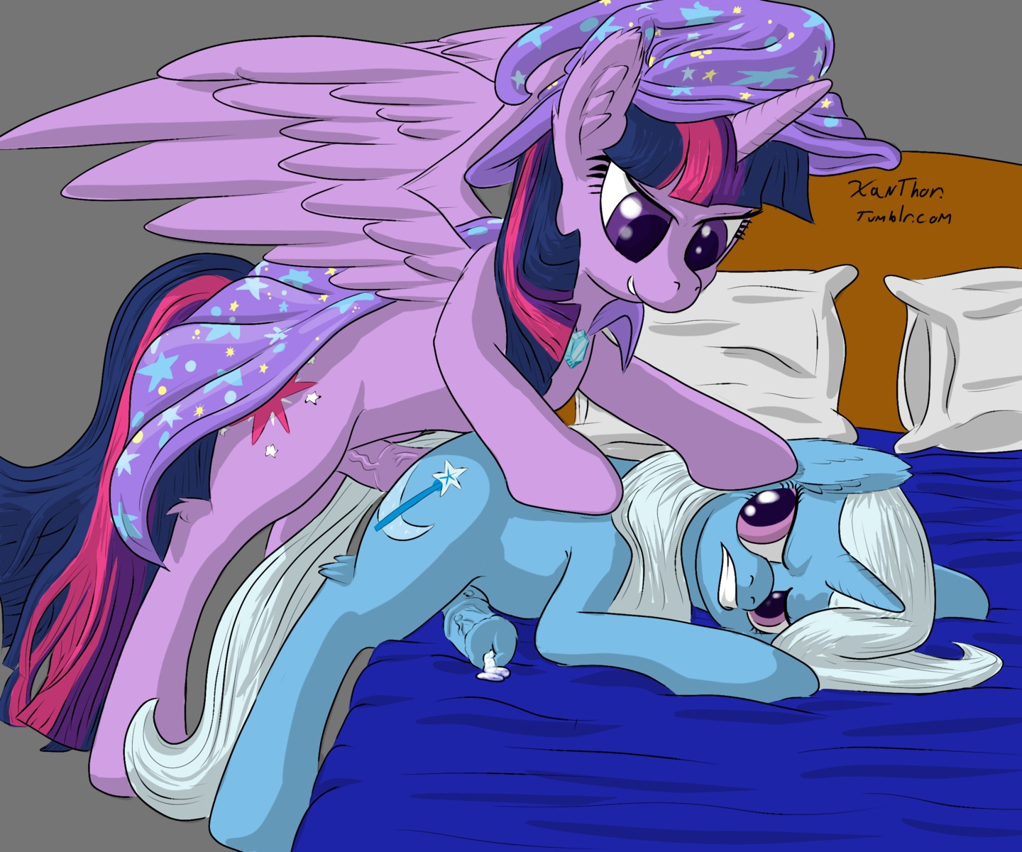 2013 6:5 animal_genitalia animal_penis bed bent_over blue_body blue_fur bodily_fluids cape clothing cum cutie_mark duo e621 english_text equid equine equine_genitalia equine_penis erection feathered_wings feathers feral friendship_is_magic fur furniture genital_fluids genitals gynomorph hair hasbro hat headgear headwear hi_res horn intersex mammal mostly_nude multicolored_hair my_little_pony mythological_creature mythological_equine mythology nude penetration penis pillow purple_body purple_eyes purple_fur purple_hair sex text trixie_(mlp) twilight_sparkle_(mlp) two_tone_hair unicorn winged_unicorn wings wizard_hat xanthor
