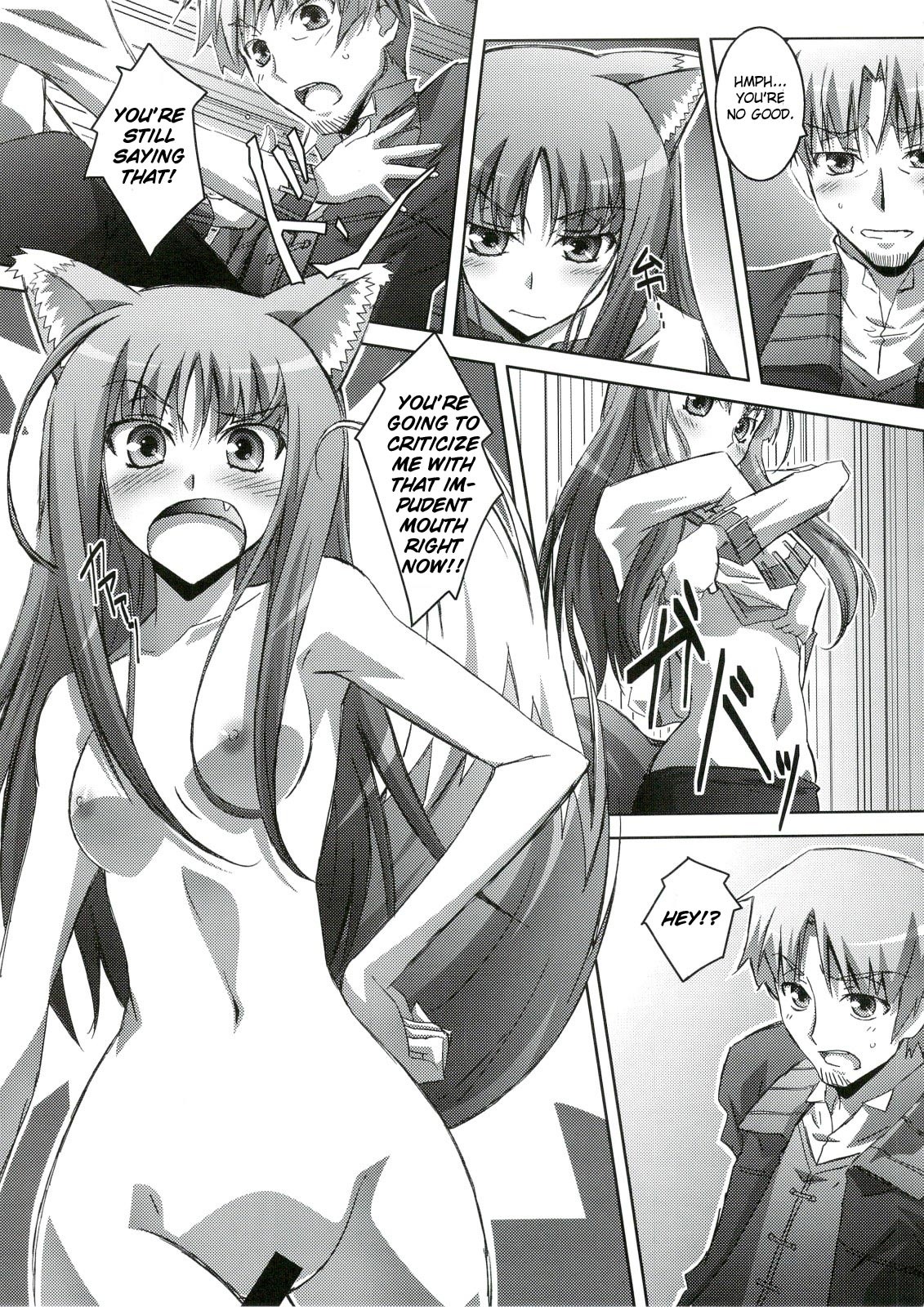2008 animal_humanoid breasts broken_language canid canid_humanoid canine canine_humanoid canis censor_bar censored clothing comic dialogue duo e621 english_text fangs female genitals greyscale hi_res holo_(spice_and_wolf) human humanoid ineffective_censorship izumi_mahiru kraft_lawrence male mammal mammal_humanoid monochrome nipples spice_and_wolf tail teeth text undressing vulva wolf wolf_humanoid